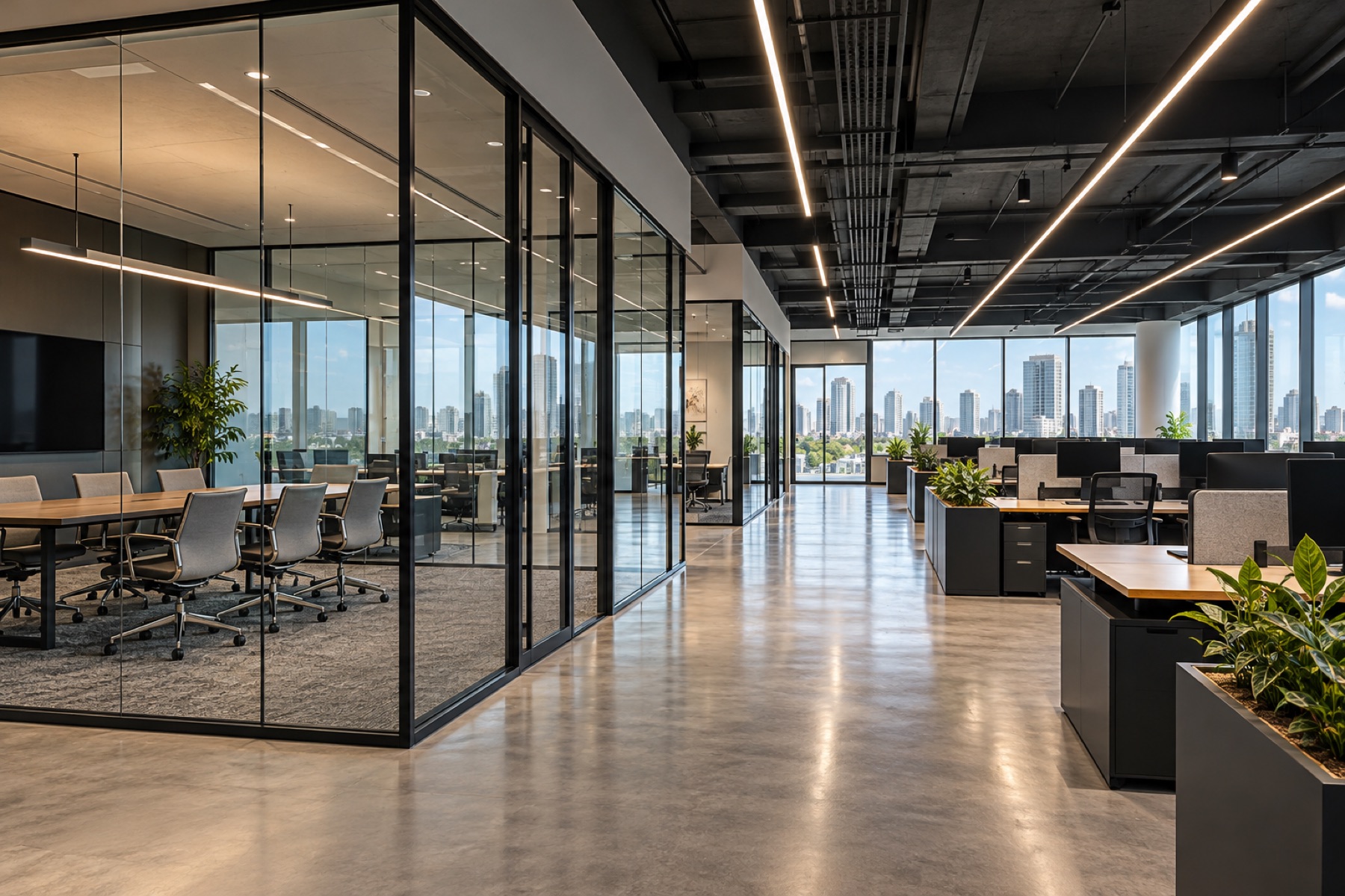 Modern office with LED ceiling lighting