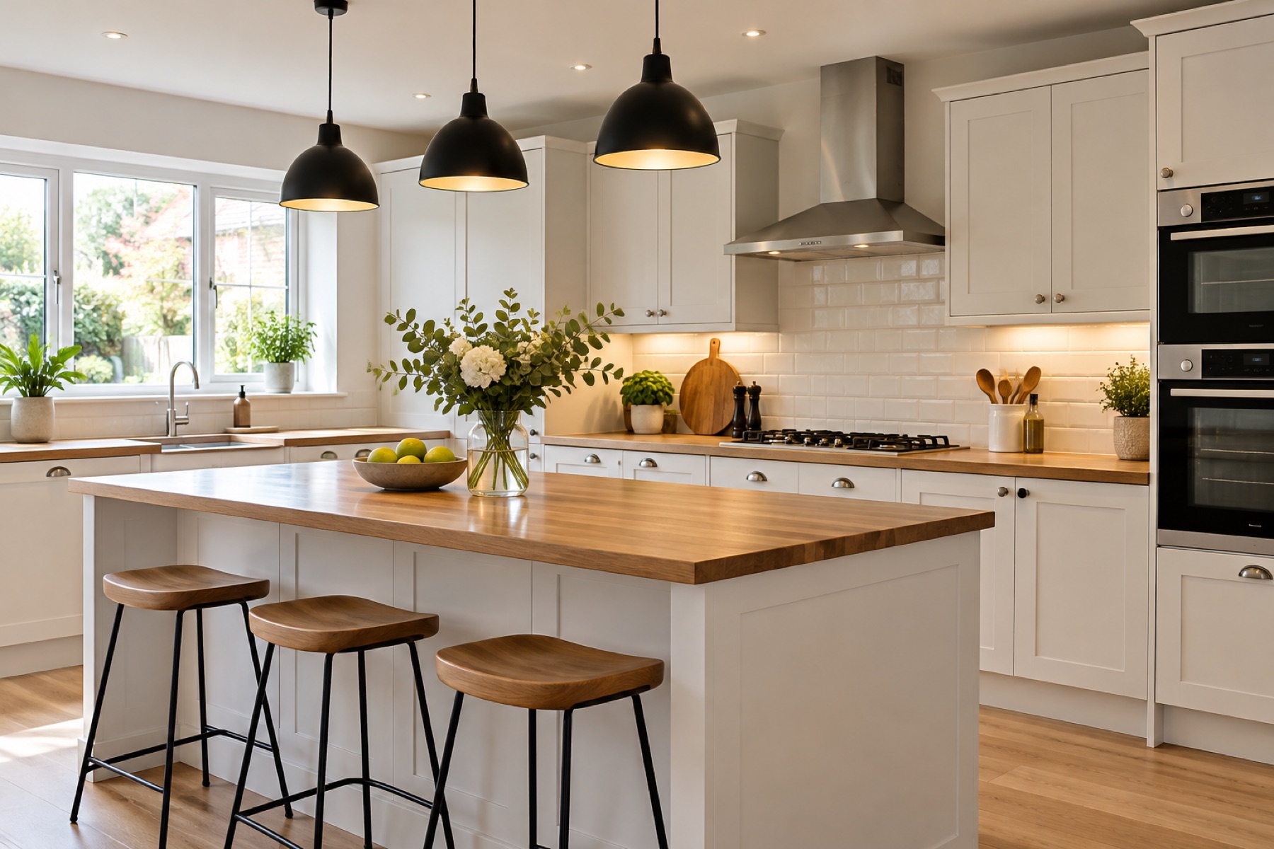Bright modern kitchen with pendant lights