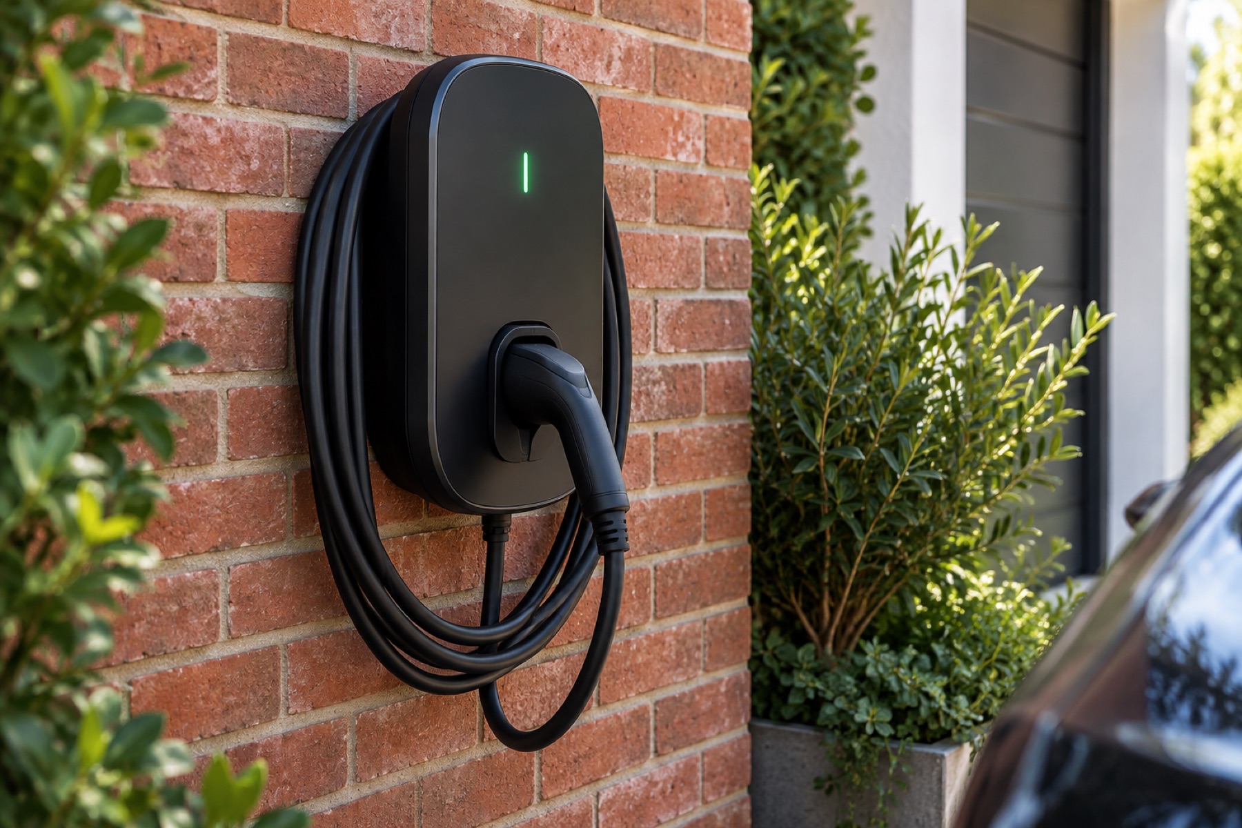 Wall-mounted EV charger on a brick wall