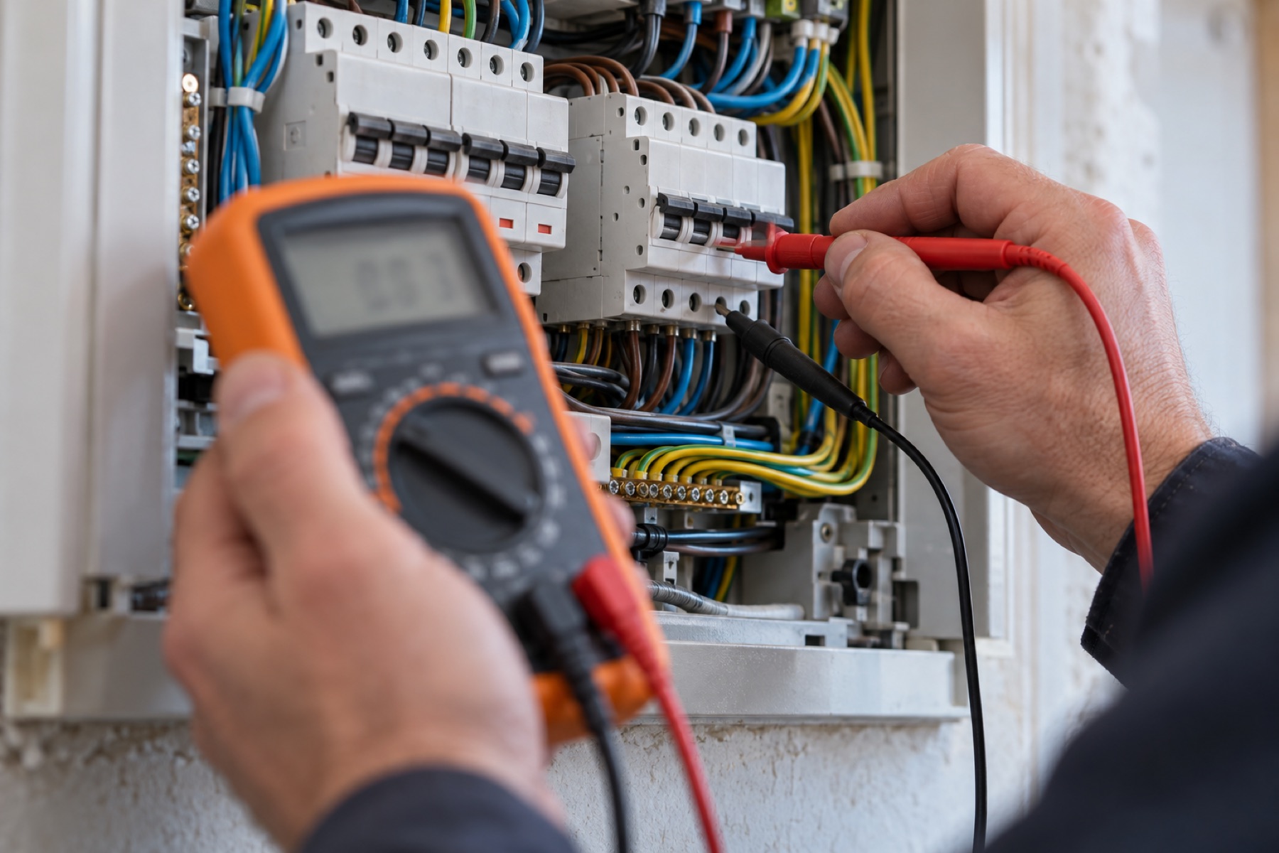 Electrician testing wiring with a multimeter